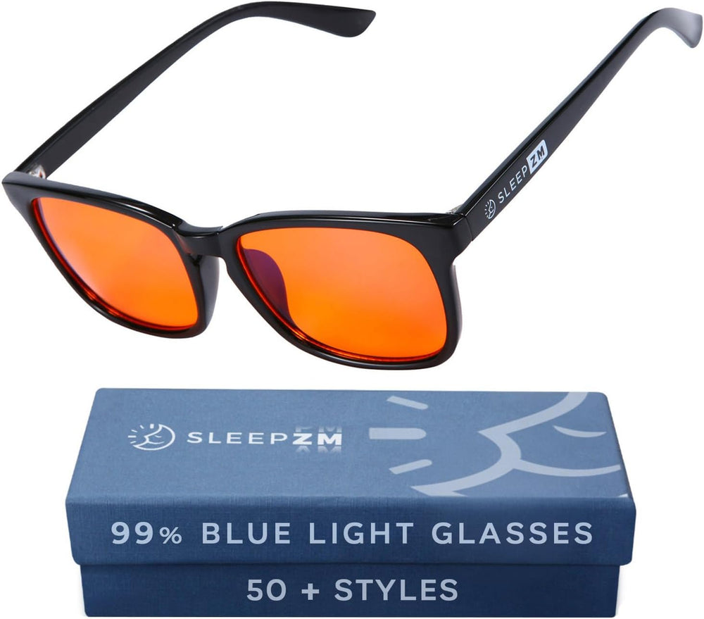 Blue Light Blocking Glasses for Women + Men - Better Sleep + anti Eye Strain Protection - Computer Screens & Gaming - Black Wayfarer - 99% Night-Time Amber Lens