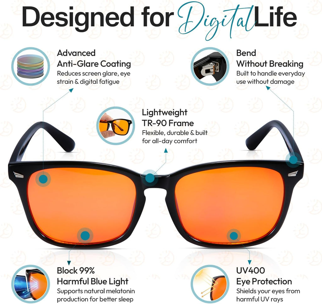Blue Light Blocking Glasses for Women + Men - Better Sleep + anti Eye Strain Protection - Computer Screens & Gaming - Black Wayfarer - 99% Night-Time Amber Lens