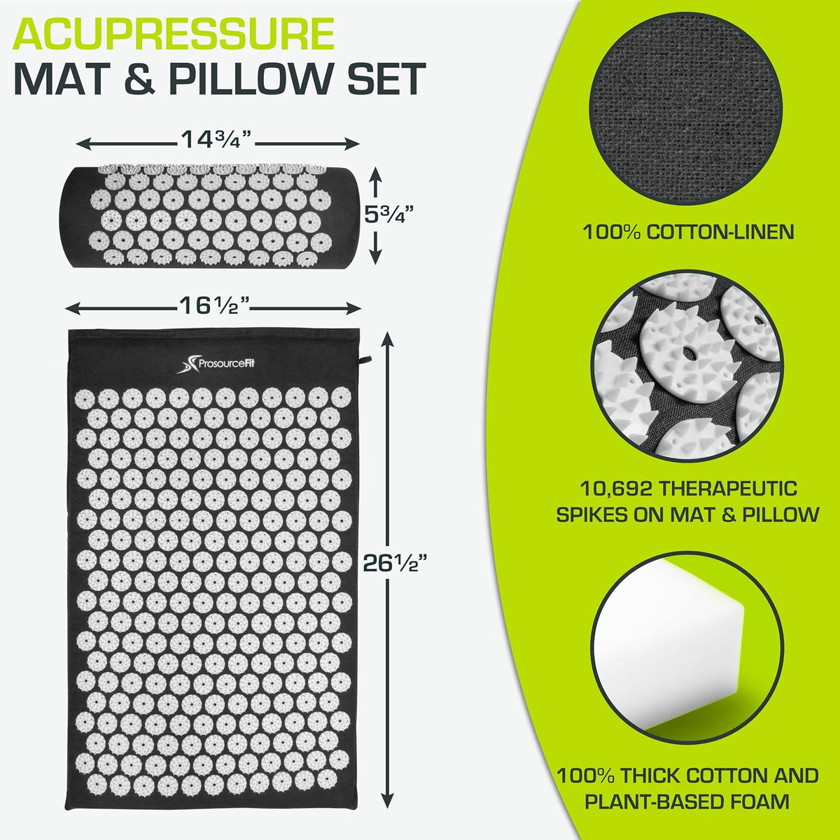 fit Acupressure Mat and Pillow Set for Back/Neck Pain Relief and Muscle Relaxation, Black
